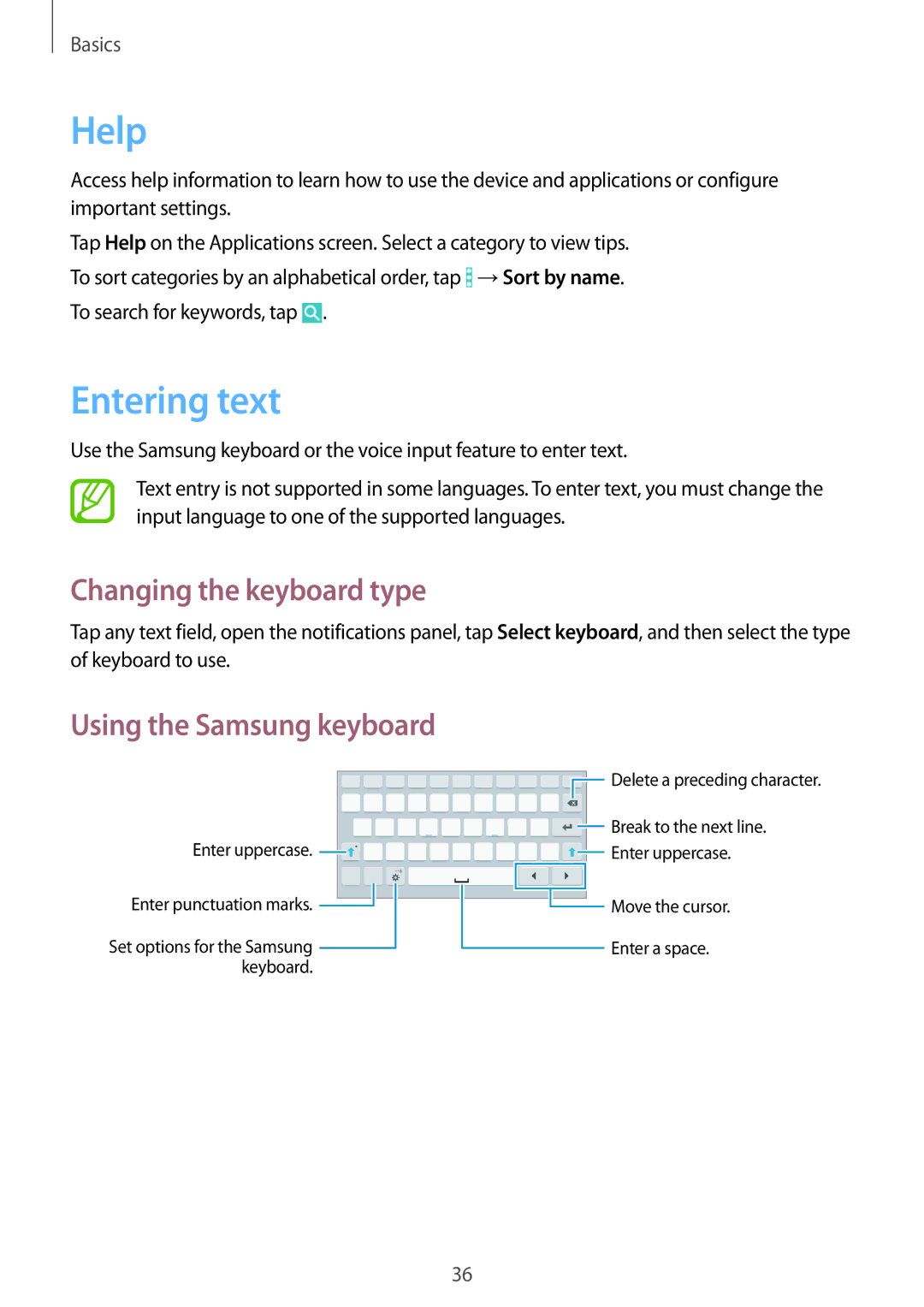 Samsung SM-T365NNGAATO, SM-T365NNGATUR, SM-T365NNGADBT, SM-T365NNGASEB manual Help, Entering text, Changing the keyboard type 