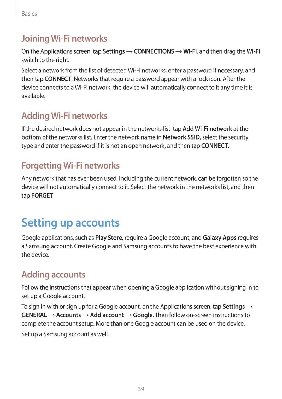 Samsung SM-T365NNGASEB manual Setting up accounts, Joining Wi-Fi networks, Adding Wi-Fi networks, Forgetting Wi-Fi networks 