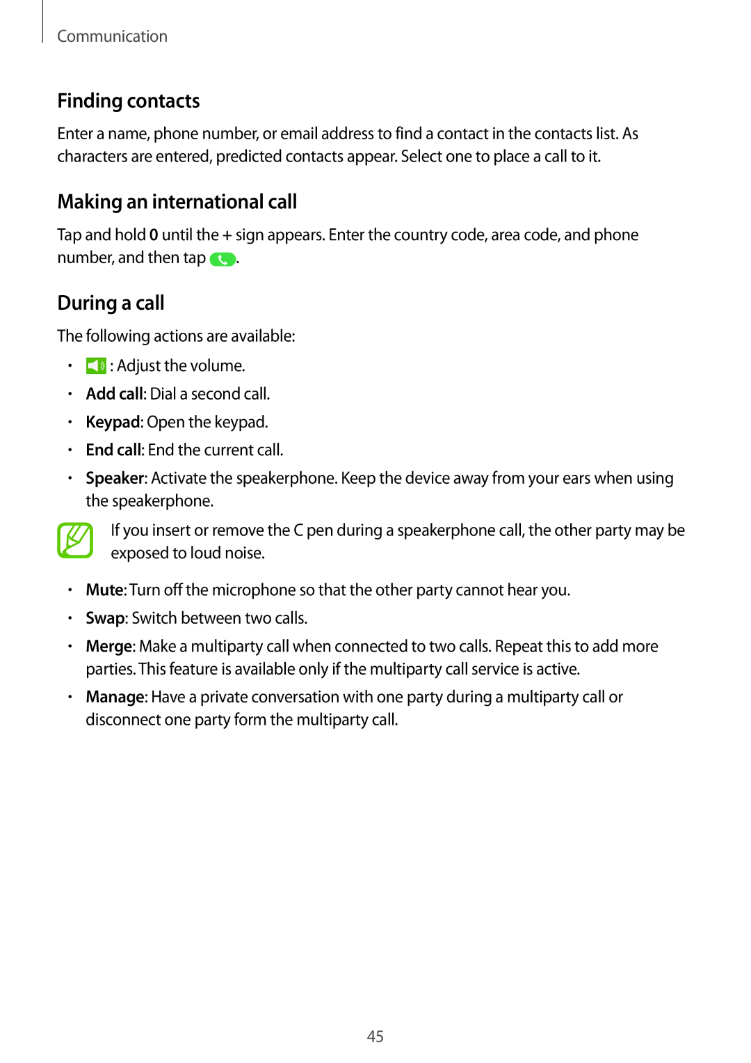Samsung SM-T365NNGAXEO, SM-T365NNGAATO, SM-T365NNGATUR manual Finding contacts, Making an international call, During a call 