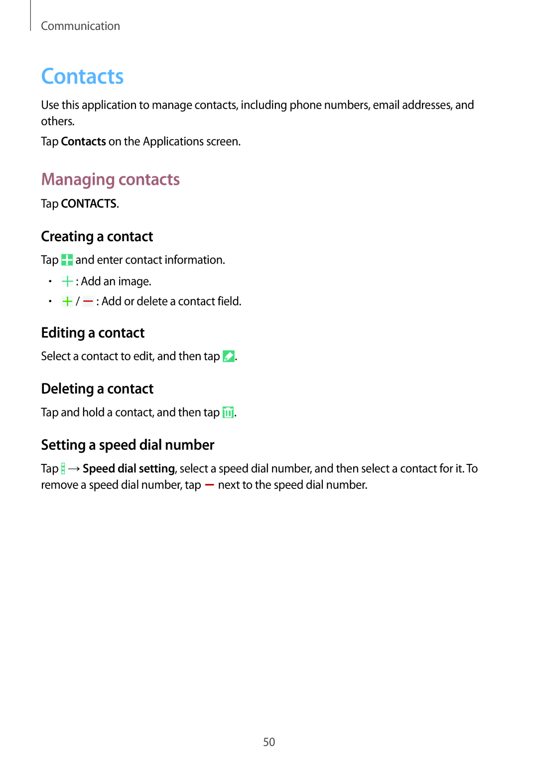 Samsung SM-T365NNGAXSK, SM-T365NNGAATO, SM-T365NNGATUR, SM-T365NNGADBT, SM-T365NNGASEB manual Contacts, Managing contacts 