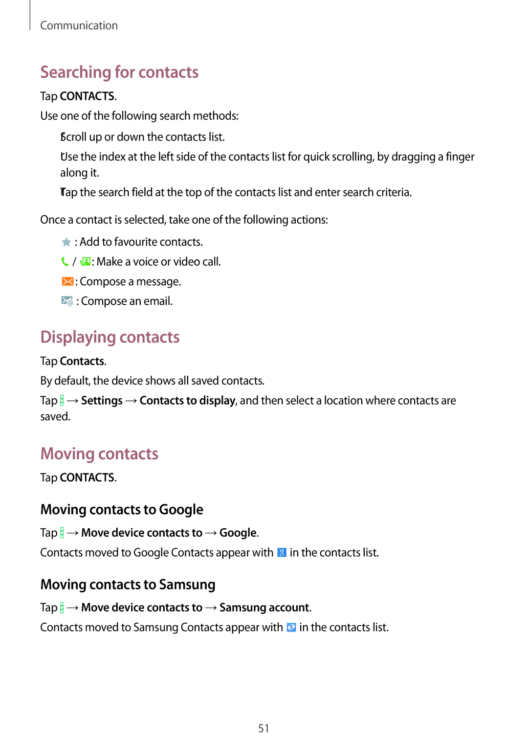 Samsung SM-T365NNGAXEZ, SM-T365NNGAATO manual Searching for contacts, Displaying contacts, Moving contacts to Google 