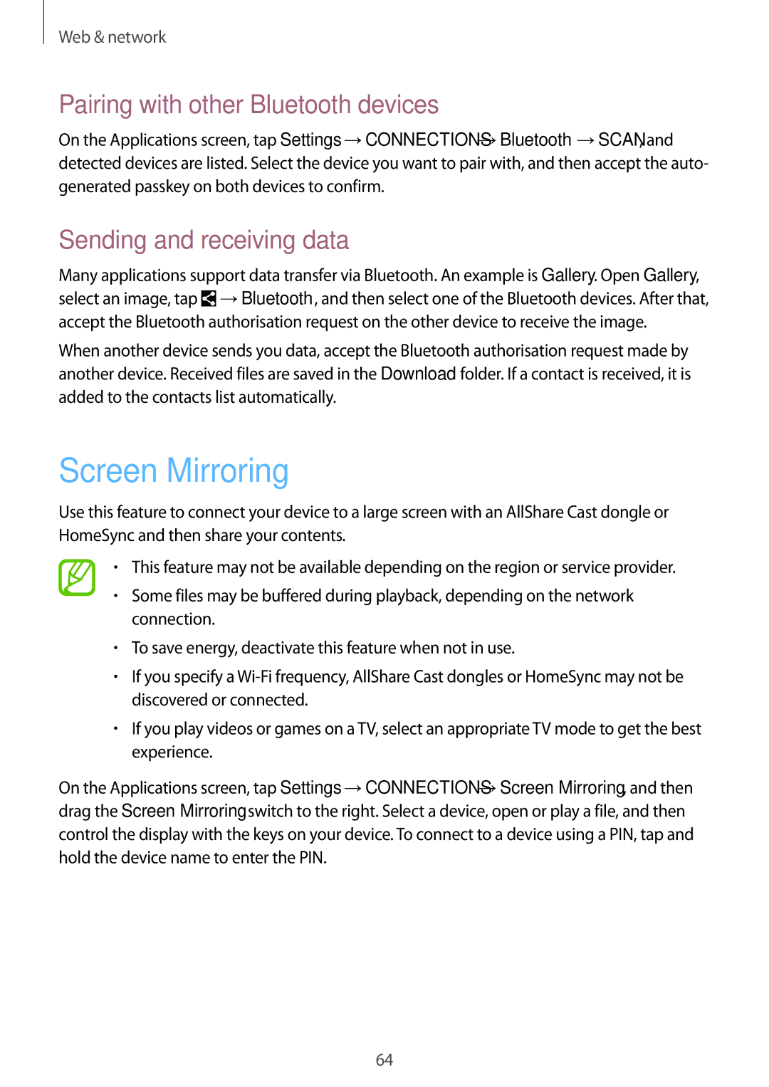 Samsung SM-T365NNGAPHE, SM-T365NNGAATO Screen Mirroring, Pairing with other Bluetooth devices, Sending and receiving data 