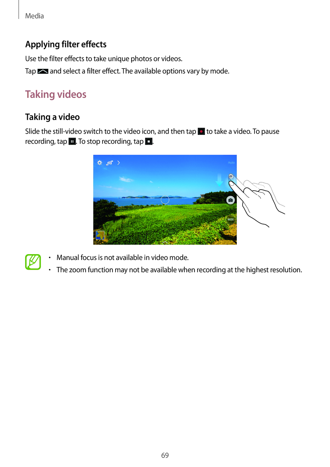 Samsung SM-T365NNGAXEZ, SM-T365NNGAATO, SM-T365NNGATUR manual Taking videos, Applying filter effects, Taking a video 