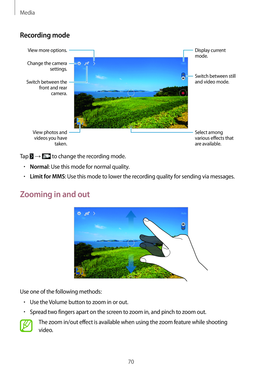 Samsung SM-T365NNGANEE, SM-T365NNGAATO, SM-T365NNGATUR, SM-T365NNGADBT, SM-T365NNGASEB Zooming in and out, Recording mode 