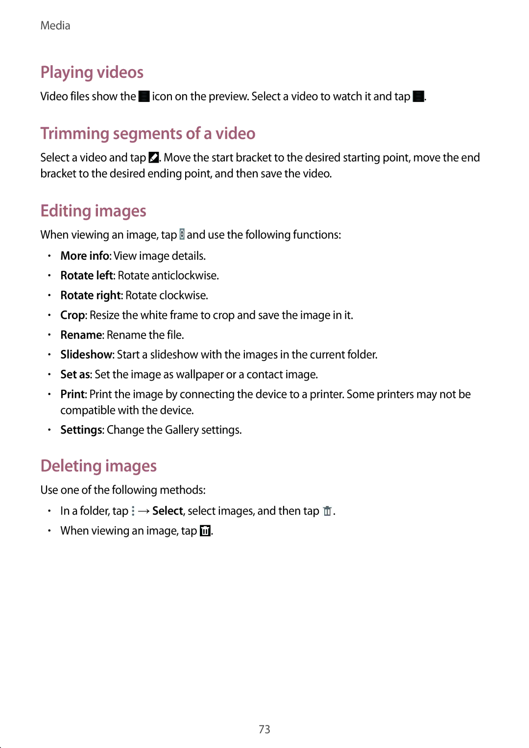 Samsung SM-T365NNGATUR, SM-T365NNGAATO manual Playing videos, Trimming segments of a video, Editing images, Deleting images 