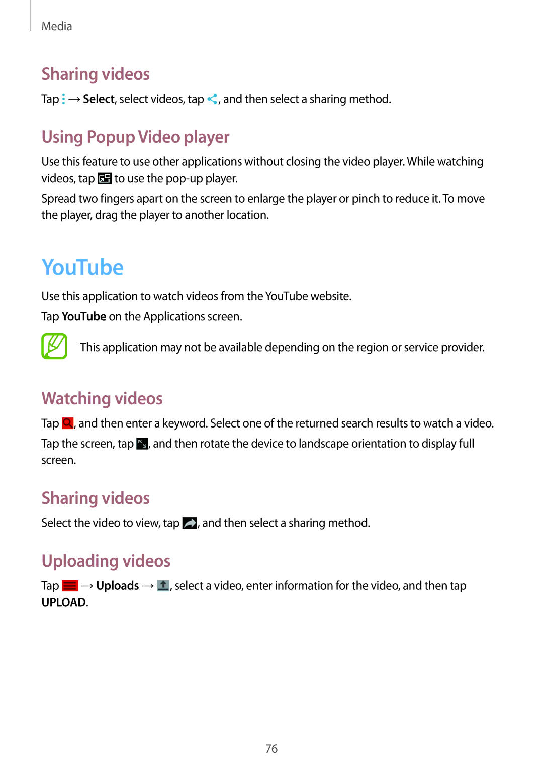 Samsung SM-T365NNGABTU manual YouTube, Sharing videos, Using Popup Video player, Watching videos, Uploading videos 