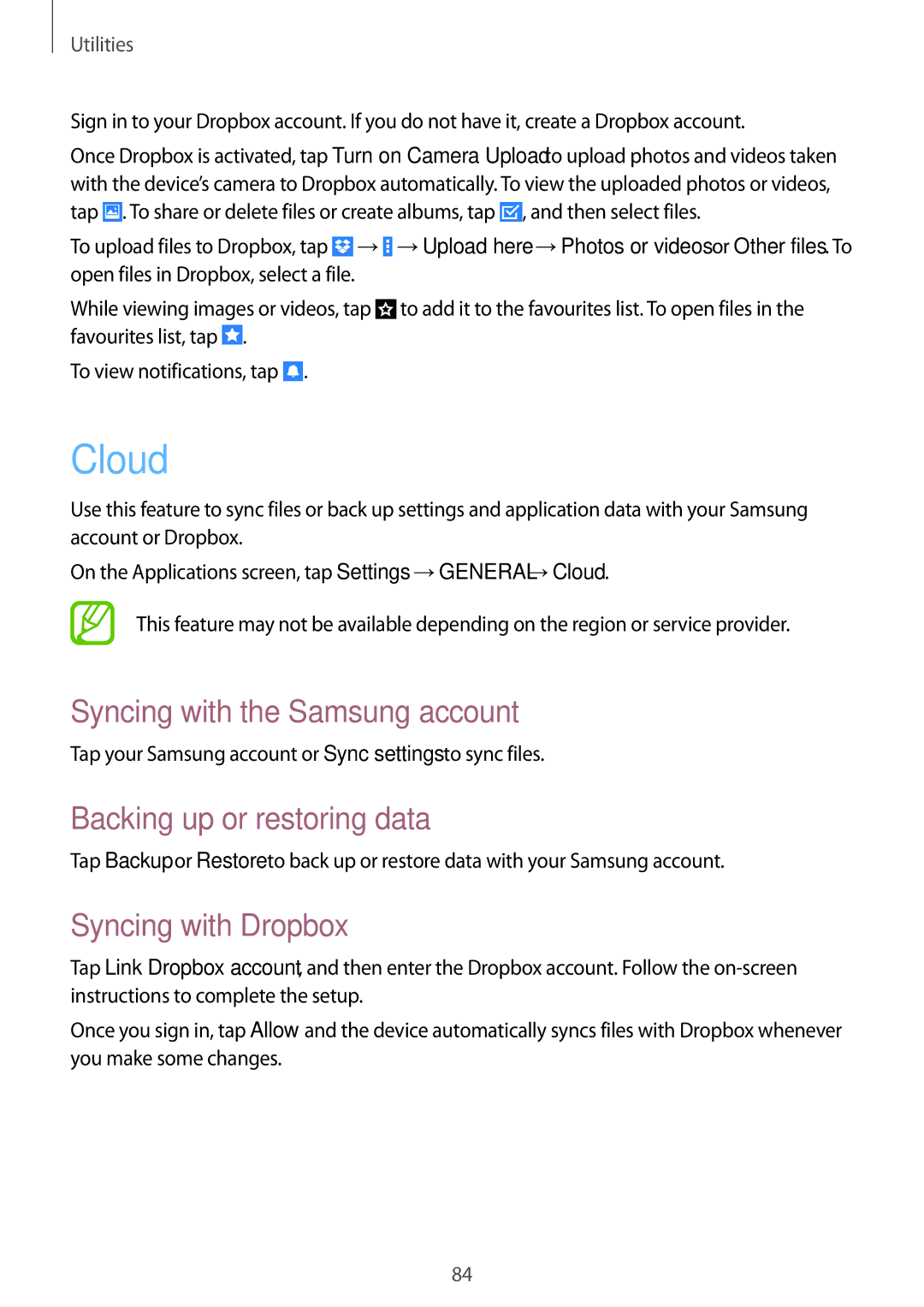 Samsung SM-T365NNGACRO manual Cloud, Syncing with the Samsung account, Backing up or restoring data, Syncing with Dropbox 