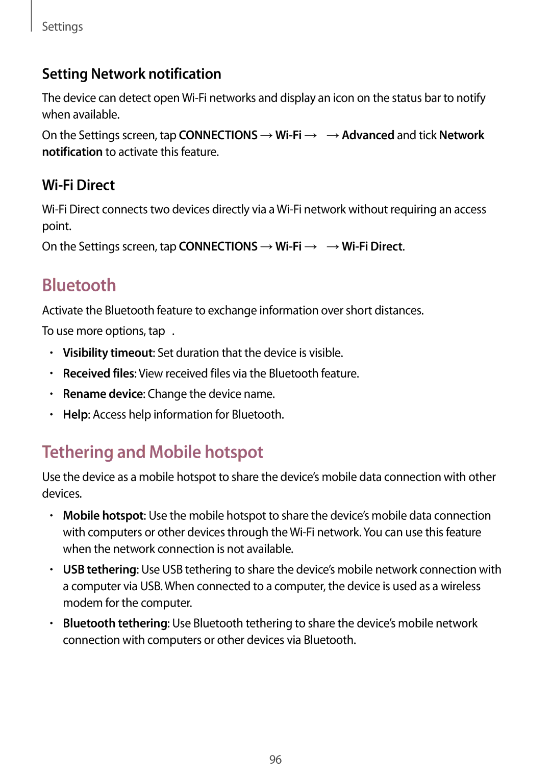 Samsung SM-T365NNGAFTM, SM-T365NNGAATO Bluetooth, Tethering and Mobile hotspot, Setting Network notification, Wi-Fi Direct 