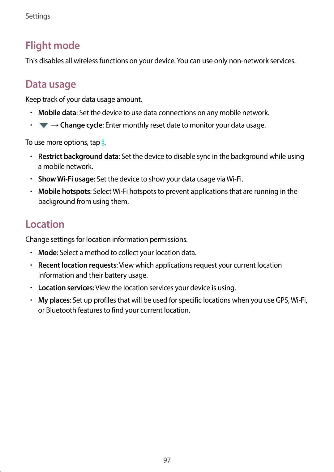 Samsung SM-T365NNGAXEF, SM-T365NNGAATO, SM-T365NNGATUR, SM-T365NNGADBT, SM-T365NNGASEB manual Flight mode, Data usage, Location 