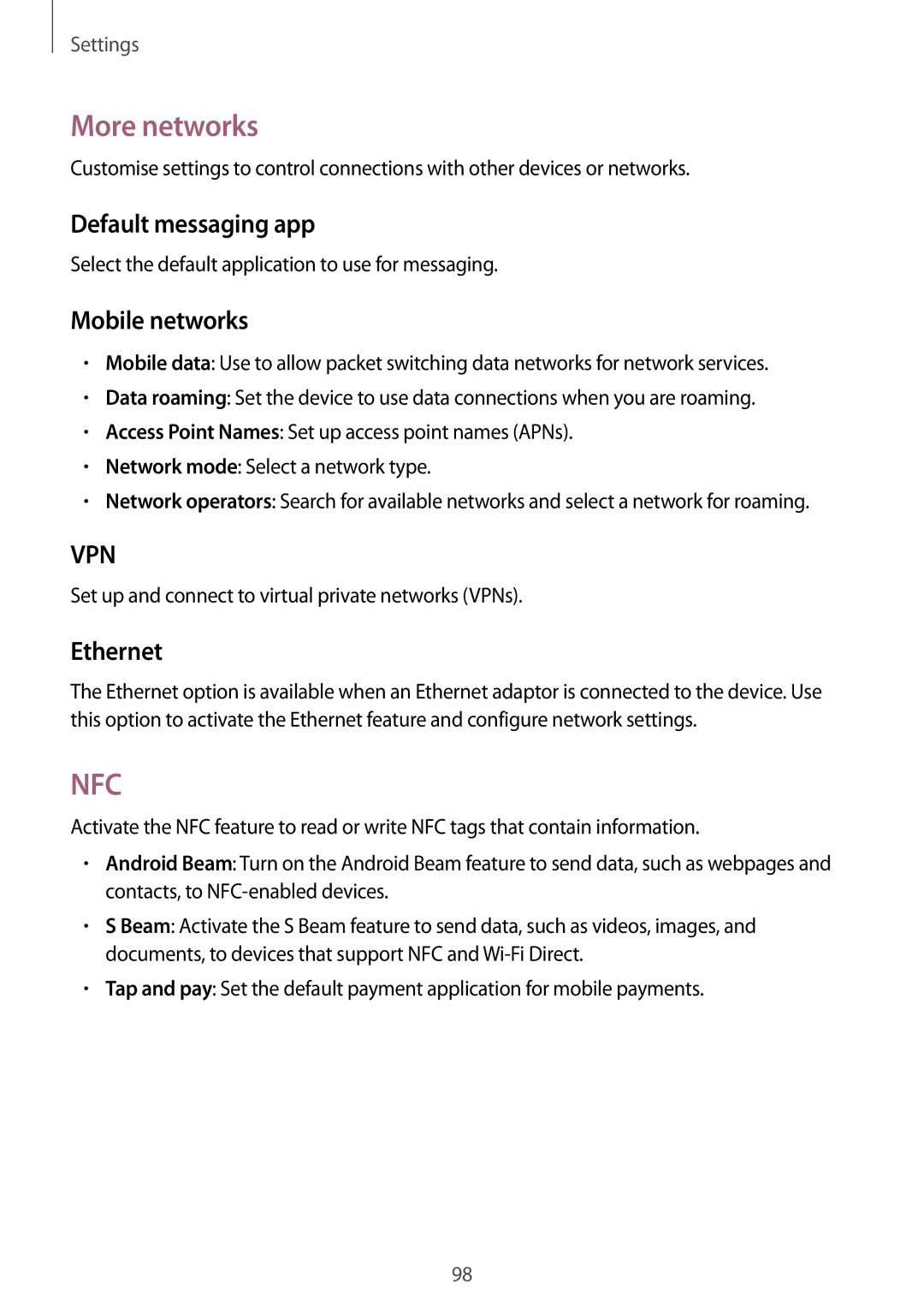 Samsung SM-T365NNGAITV, SM-T365NNGAATO, SM-T365NNGATUR manual More networks, Default messaging app, Mobile networks, Ethernet 