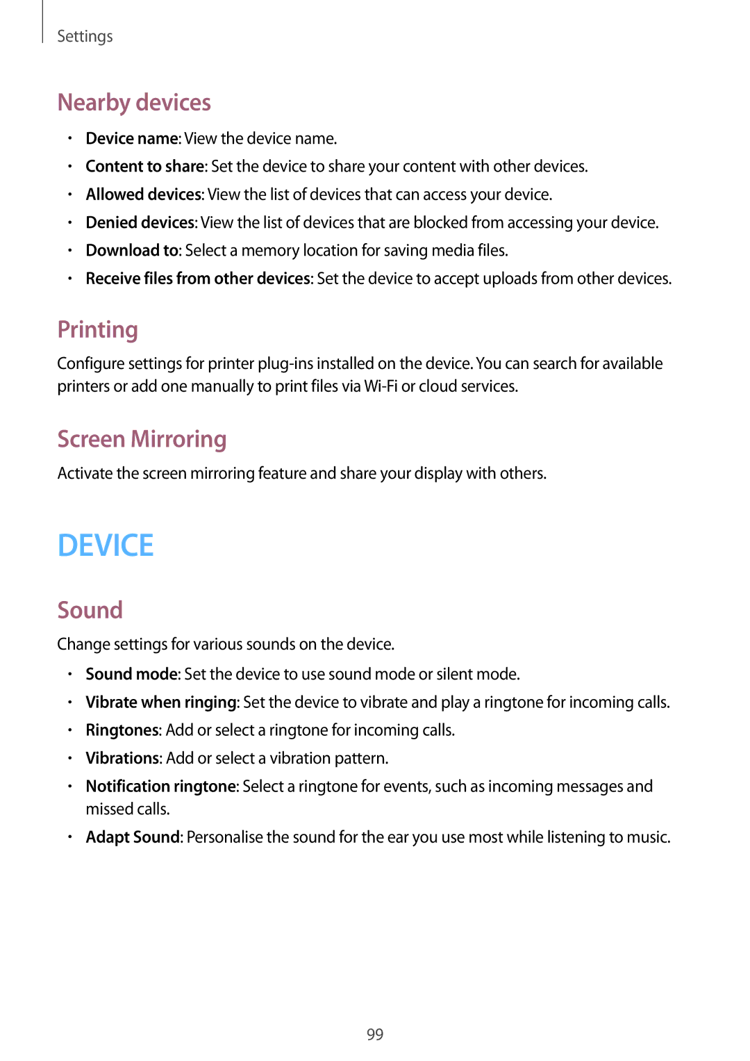 Samsung SM-T365NNGAXEO, SM-T365NNGAATO, SM-T365NNGATUR, SM-T365NNGADBT Nearby devices, Printing, Screen Mirroring, Sound 