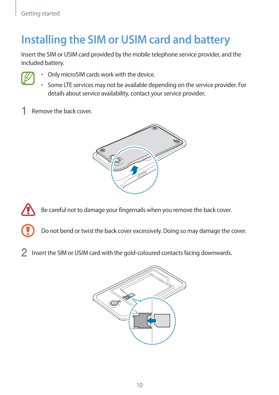 Samsung SM-T365NNGAPHE, SM-T365NNGAATO, SM-T365NNGATUR, SM-T365NNGADBT manual Installing the SIM or Usim card and battery 