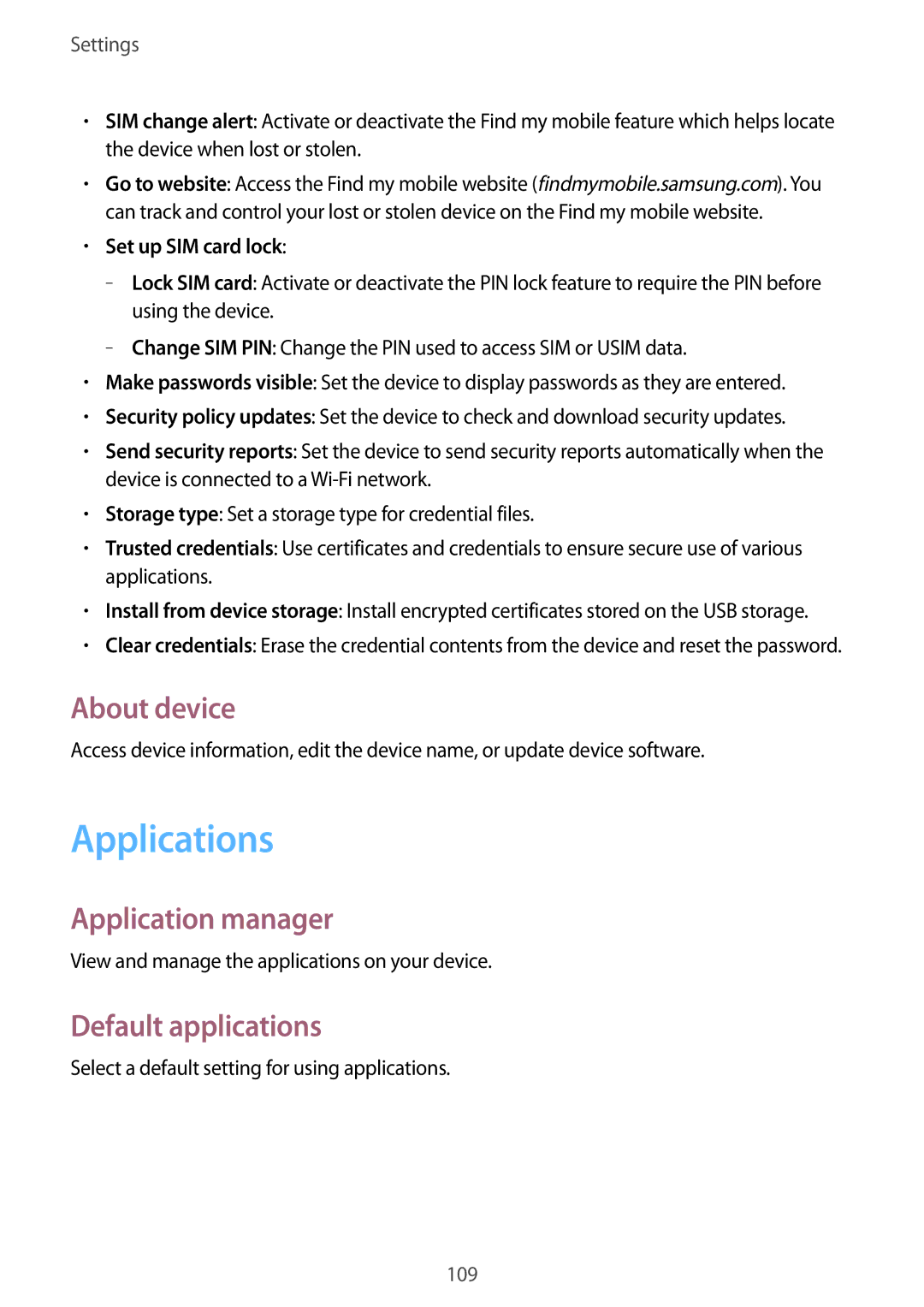 Samsung SM-T365NNGAXSK manual Applications, About device, Application manager, Default applications, Set up SIM card lock 