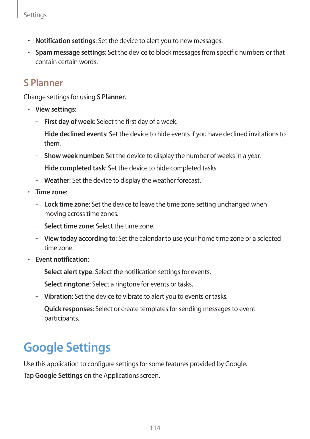 Samsung SM-T365NNGAATO, SM-T365NNGATUR manual Google Settings, Planner, View settings, Time zone, Event notification 