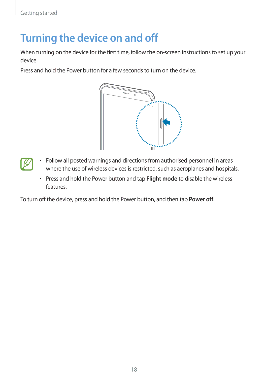 Samsung SM-T365NNGASER, SM-T365NNGAATO, SM-T365NNGATUR, SM-T365NNGADBT, SM-T365NNGASEB manual Turning the device on and off 