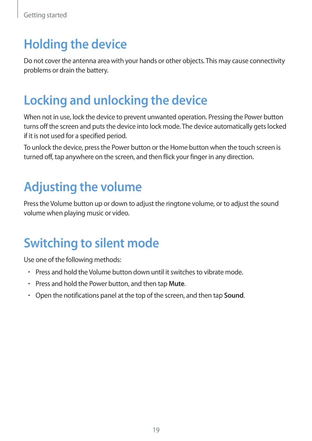 Samsung SM-T365NNGAATO, SM-T365NNGATUR manual Holding the device, Locking and unlocking the device, Adjusting the volume 