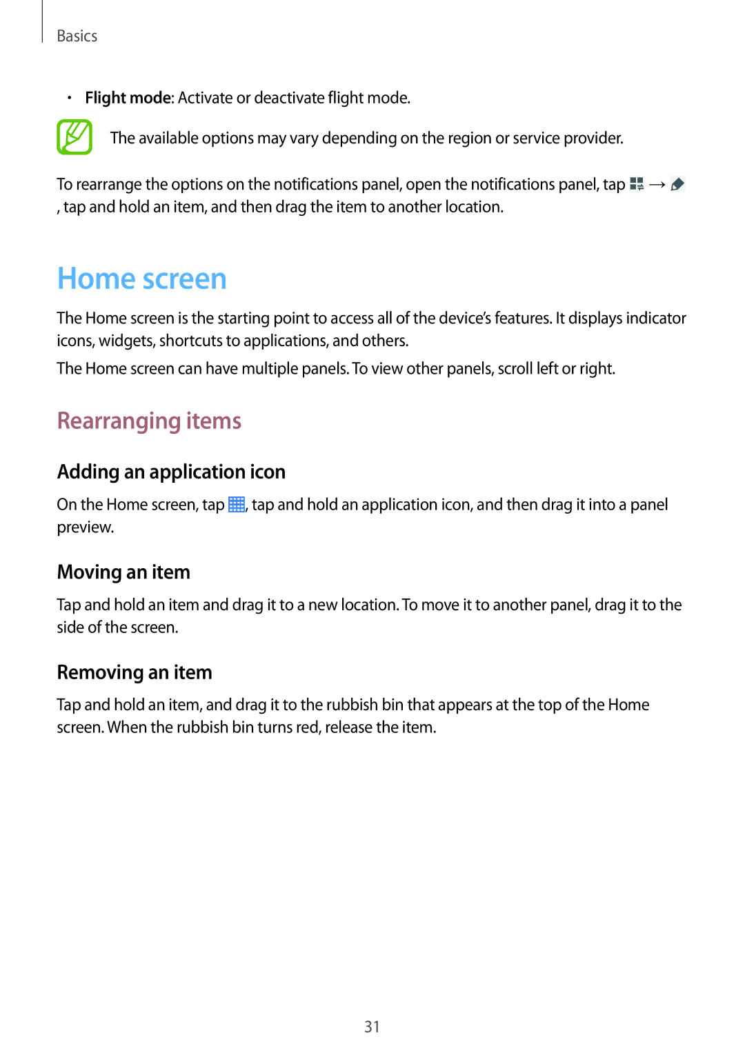 Samsung SM-T365NNGACRO manual Home screen, Rearranging items, Adding an application icon, Moving an item, Removing an item 