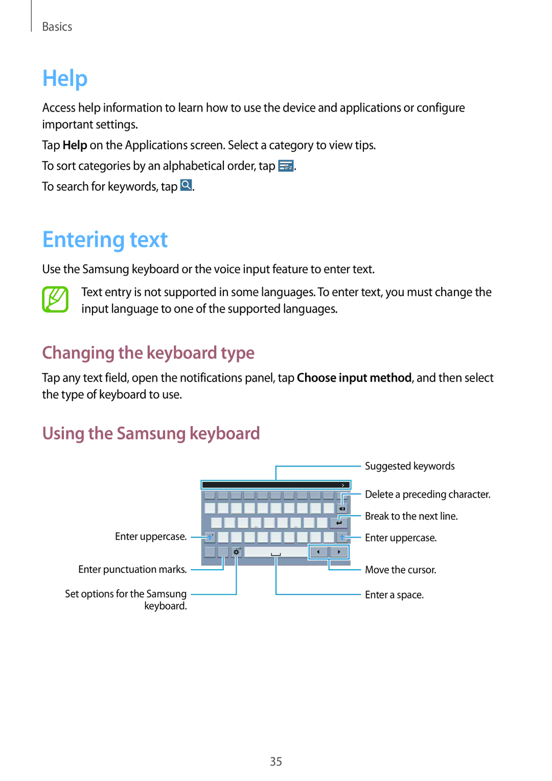 Samsung SM-T365NNGANEE, SM-T365NNGAATO, SM-T365NNGATUR, SM-T365NNGADBT manual Help, Entering text, Changing the keyboard type 