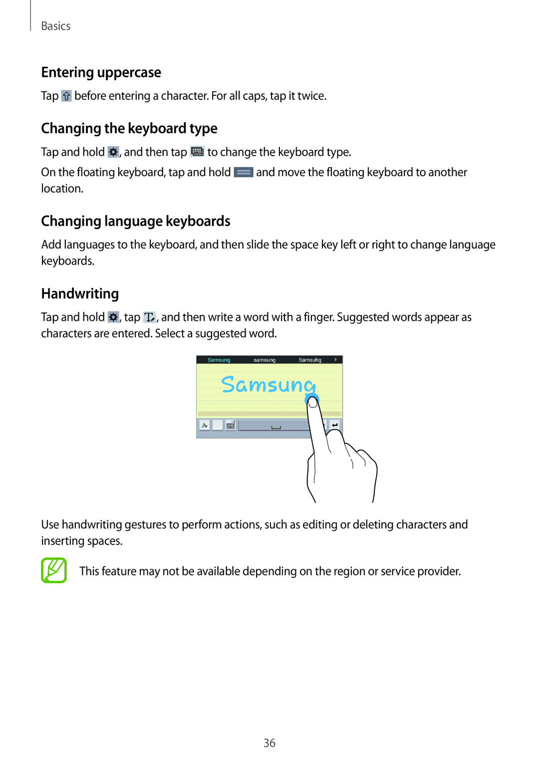 Samsung SM-T365NNGAILO manual Entering uppercase, Changing the keyboard type, Changing language keyboards, Handwriting 