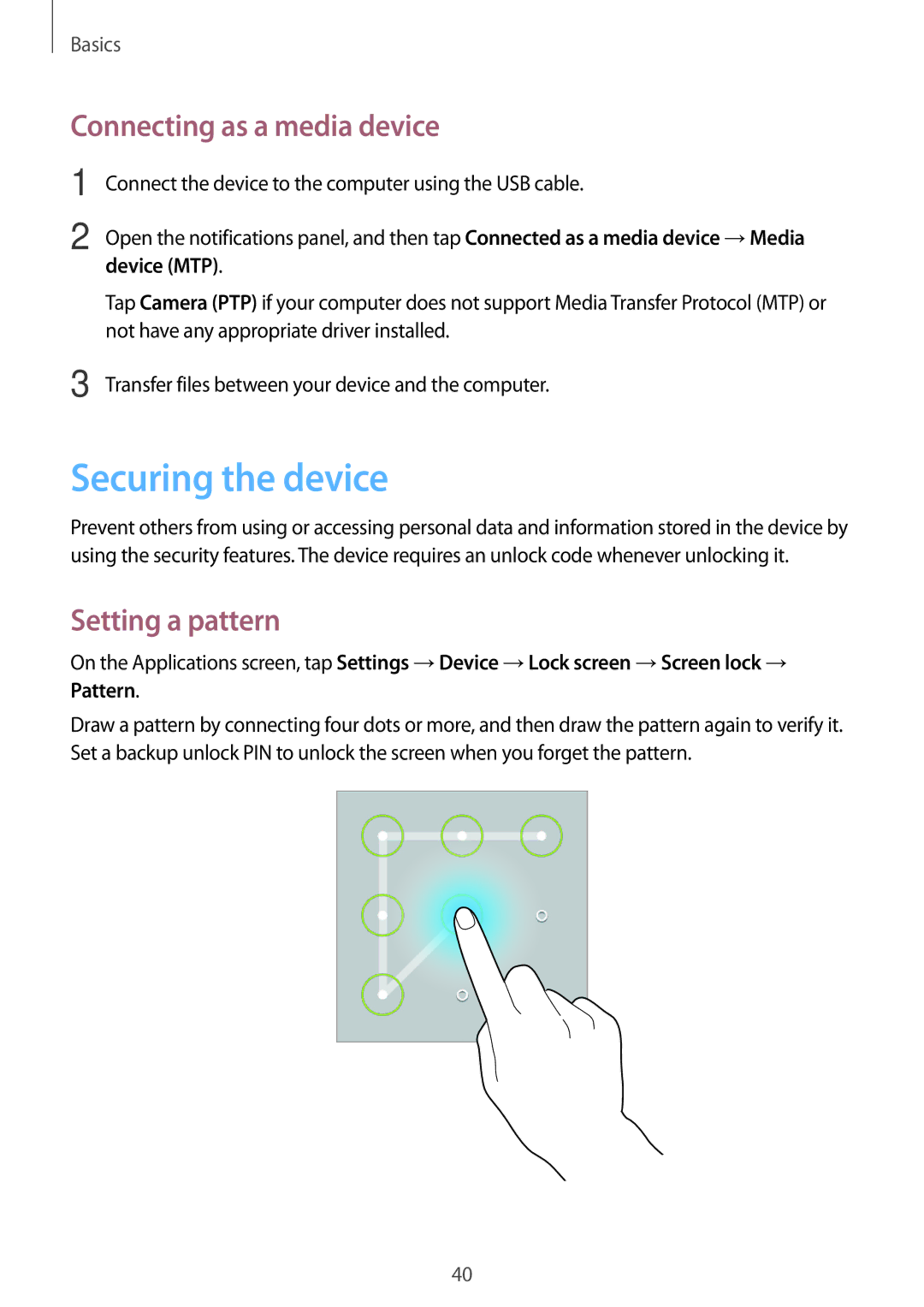 Samsung SM-T365NNGADBT, SM-T365NNGAATO Securing the device, Connecting as a media device, Setting a pattern, Device MTP 