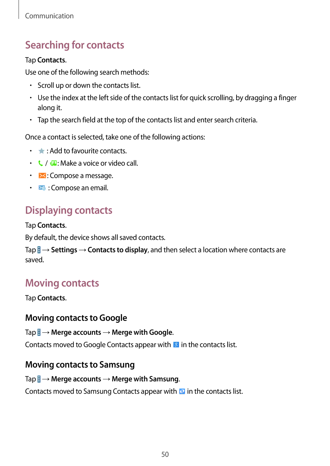 Samsung SM-T365NNGACRO, SM-T365NNGAATO manual Searching for contacts, Displaying contacts, Moving contacts to Google 