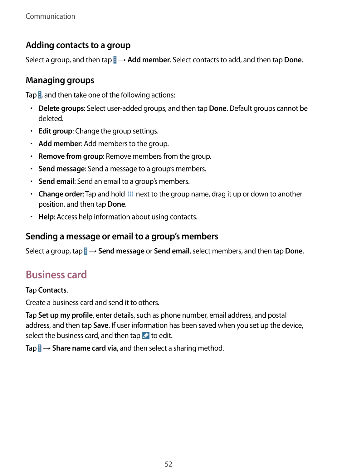 Samsung SM-T365NNGAXSK, SM-T365NNGAATO, SM-T365NNGATUR manual Business card, Adding contacts to a group, Managing groups 