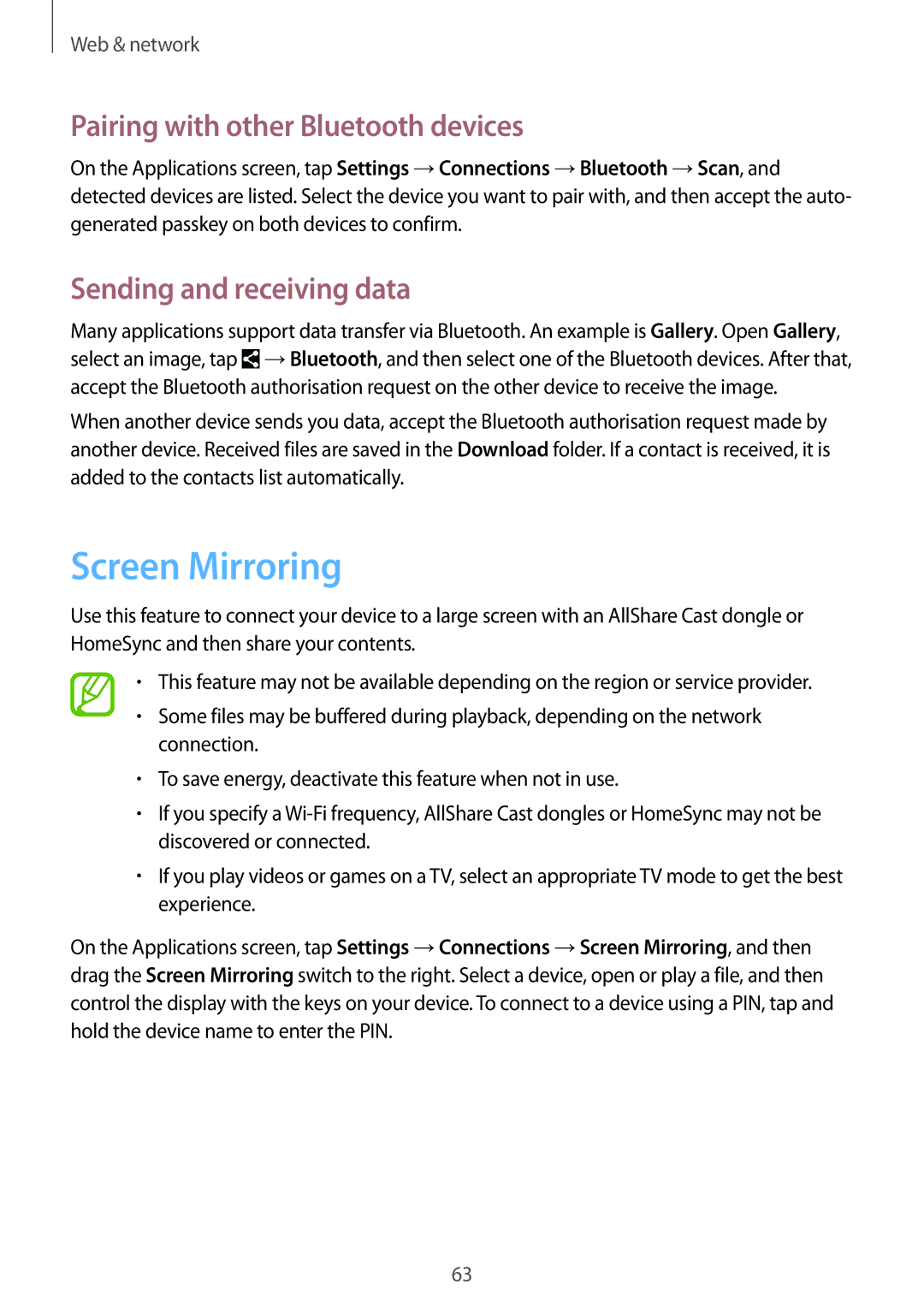 Samsung SM-T365NNGAFTM, SM-T365NNGAATO Screen Mirroring, Pairing with other Bluetooth devices, Sending and receiving data 