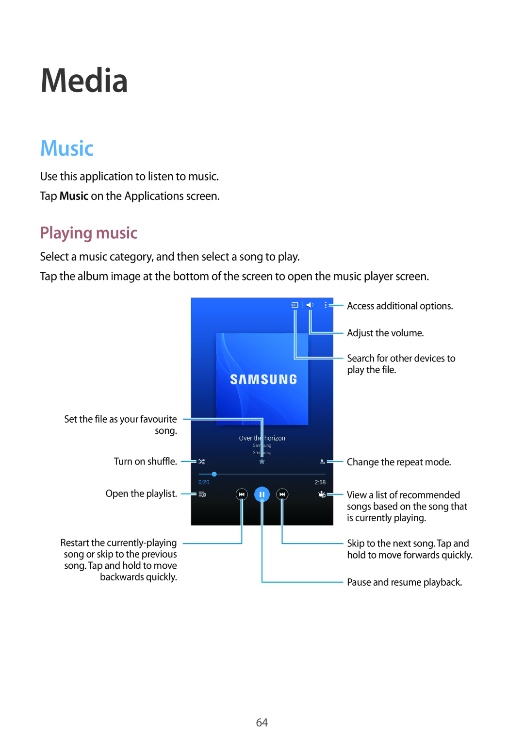 Samsung SM-T365NNGAXEF, SM-T365NNGAATO, SM-T365NNGATUR, SM-T365NNGADBT, SM-T365NNGASEB manual Media, Music, Playing music 