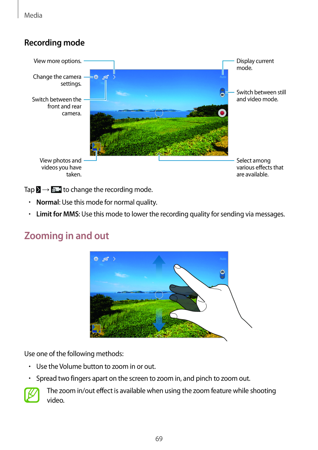 Samsung SM-T365NNGACRO, SM-T365NNGAATO, SM-T365NNGATUR, SM-T365NNGADBT, SM-T365NNGASEB Zooming in and out, Recording mode 