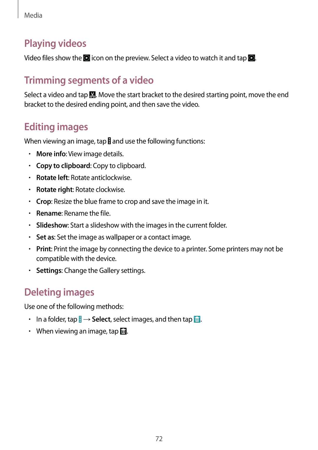 Samsung SM-T365NNGAXEZ, SM-T365NNGAATO manual Playing videos, Trimming segments of a video, Editing images, Deleting images 