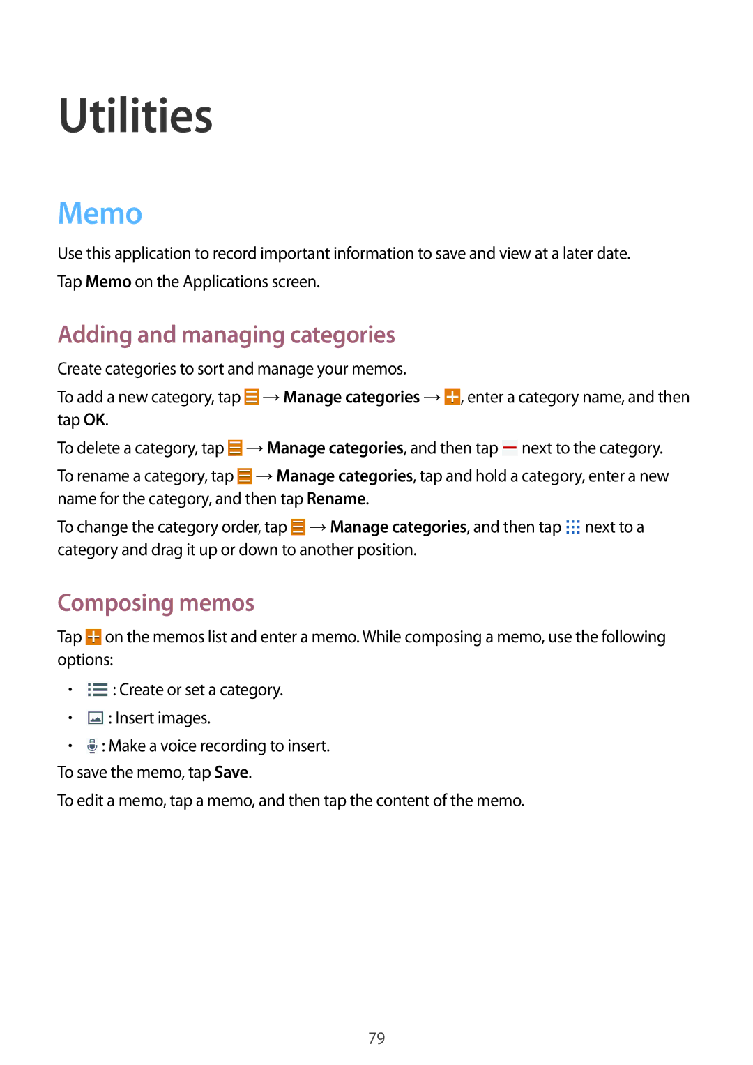 Samsung SM-T365NNGASEB, SM-T365NNGAATO, SM-T365NNGATUR Utilities, Memo, Adding and managing categories, Composing memos 