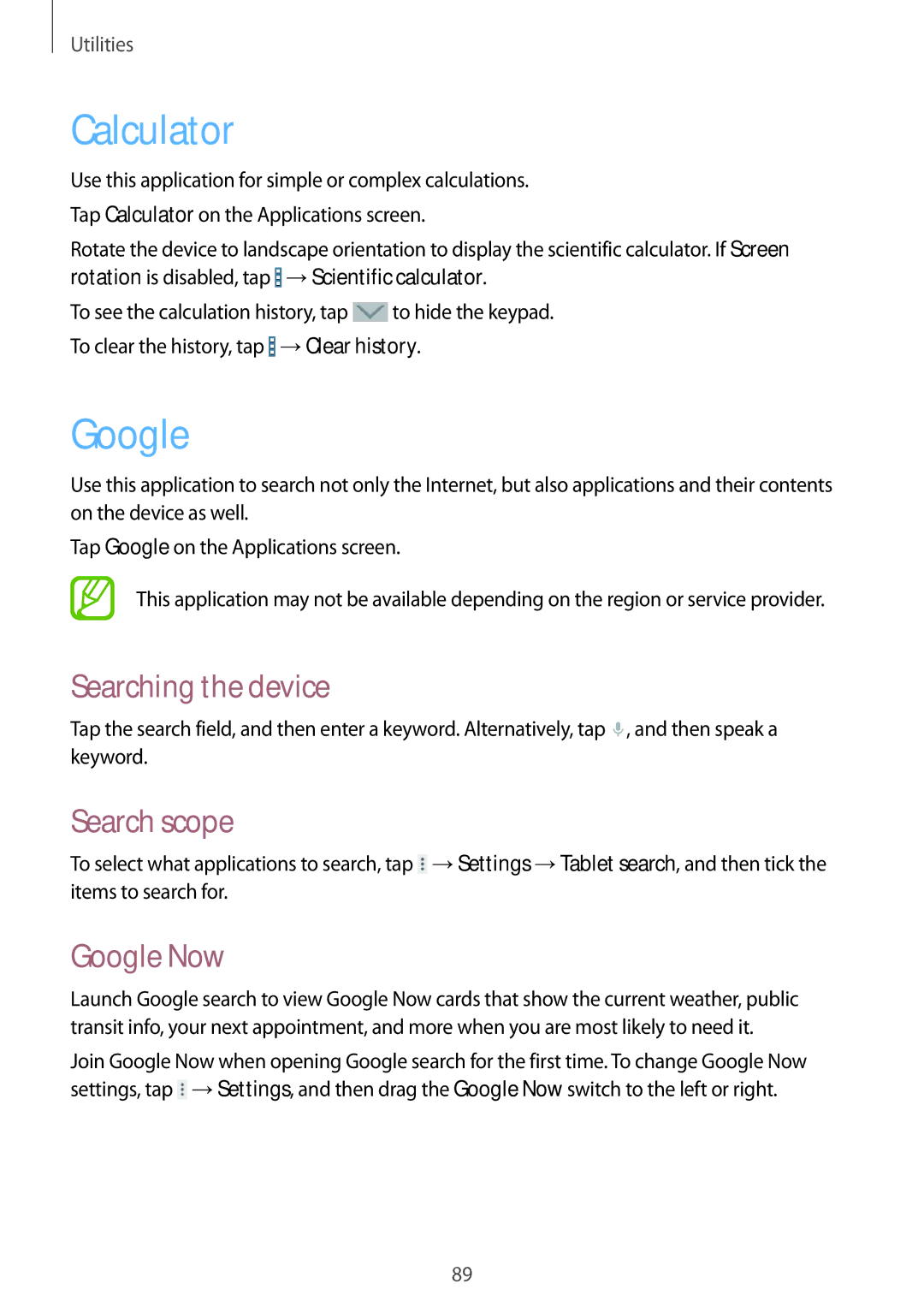 Samsung SM-T365NNGAXEH, SM-T365NNGAATO, SM-T365NNGATUR manual Calculator, Searching the device, Search scope, Google Now 