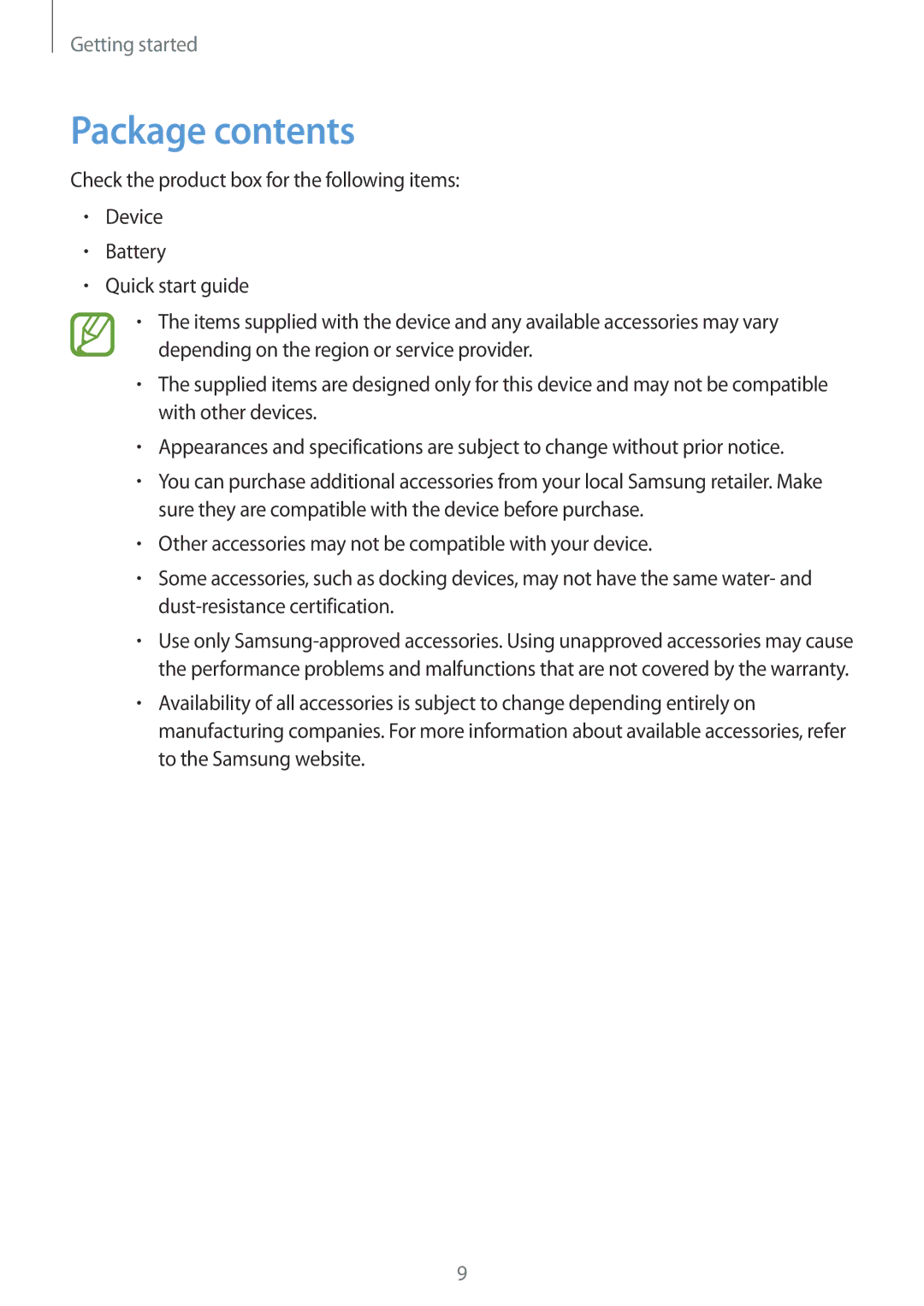 Samsung SM-T365NNGAXEO, SM-T365NNGAATO, SM-T365NNGATUR, SM-T365NNGADBT, SM-T365NNGASEB, SM-T365NNGABTU manual Package contents 