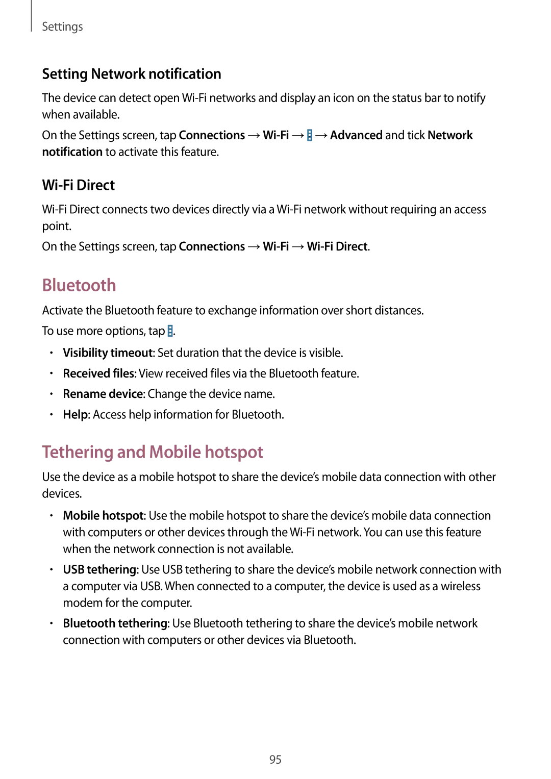 Samsung SM-T365NNGAATO, SM-T365NNGATUR Bluetooth, Tethering and Mobile hotspot, Setting Network notification, Wi-Fi Direct 