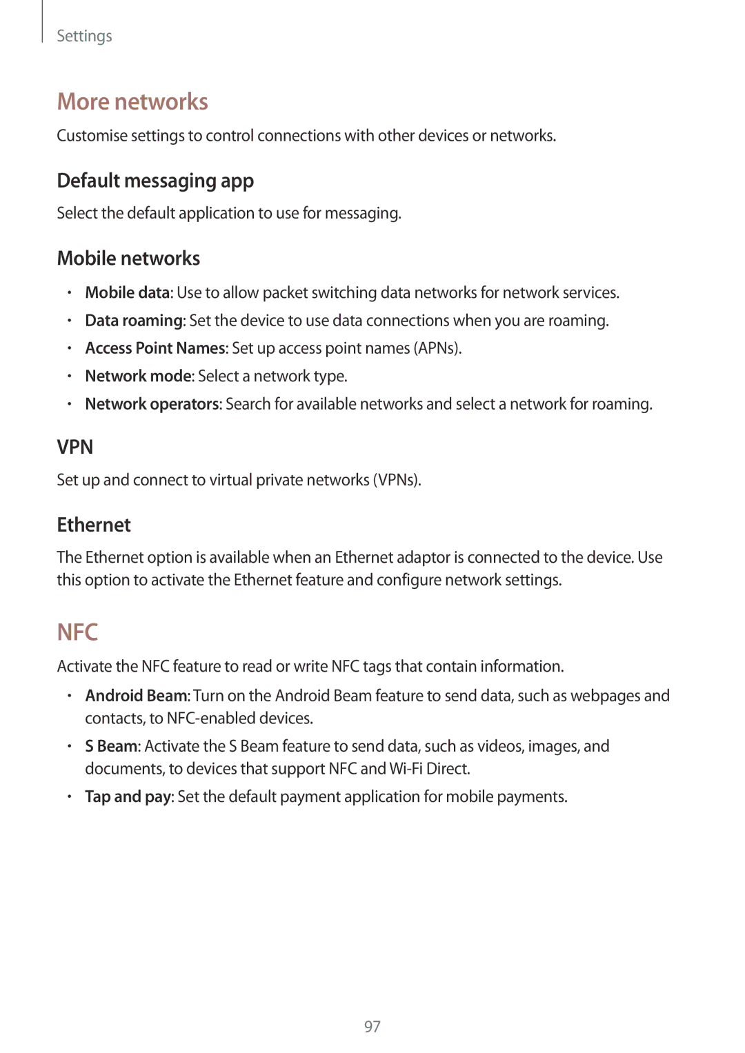 Samsung SM-T365NNGADBT, SM-T365NNGAATO, SM-T365NNGATUR manual More networks, Default messaging app, Mobile networks, Ethernet 