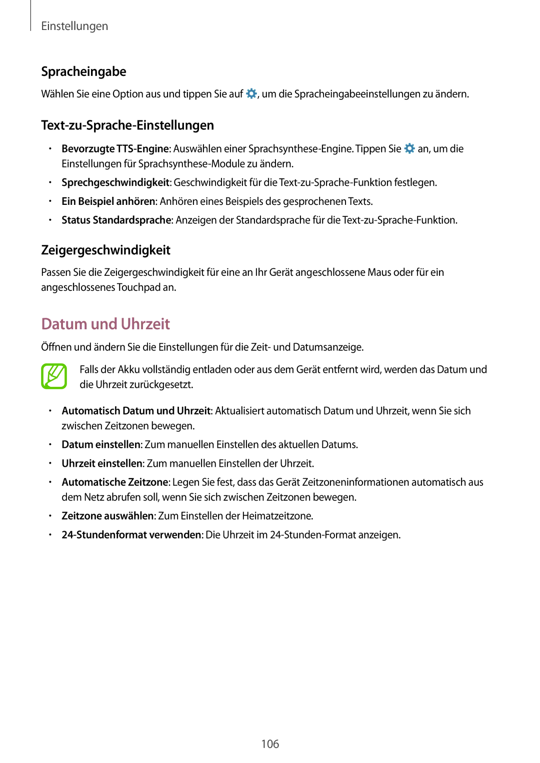 Samsung SM-T365NNGABTU manual Datum und Uhrzeit, Spracheingabe, Text-zu-Sprache-Einstellungen, Zeigergeschwindigkeit 