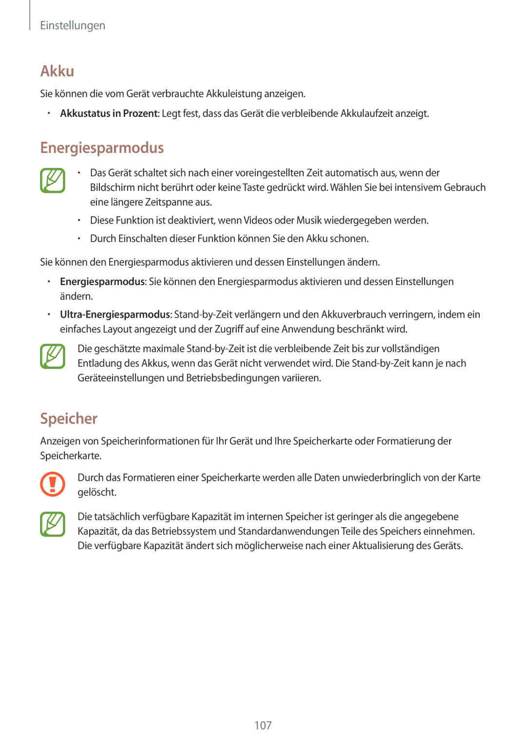 Samsung SM-T365NNGAEUR, SM-T365NNGAATO, SM-T365NNGATUR, SM-T365NNGADBT, SM-T365NNGASEB manual Akku, Energiesparmodus, Speicher 