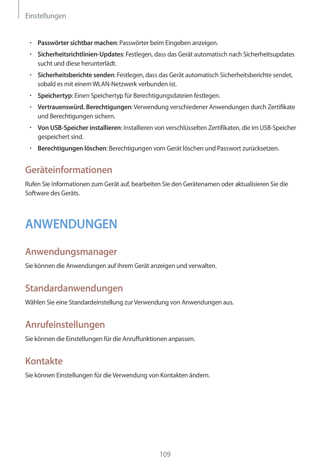 Samsung SM-T365NNGATUR manual Geräteinformationen, Anwendungsmanager, Standardanwendungen, Anrufeinstellungen, Kontakte 