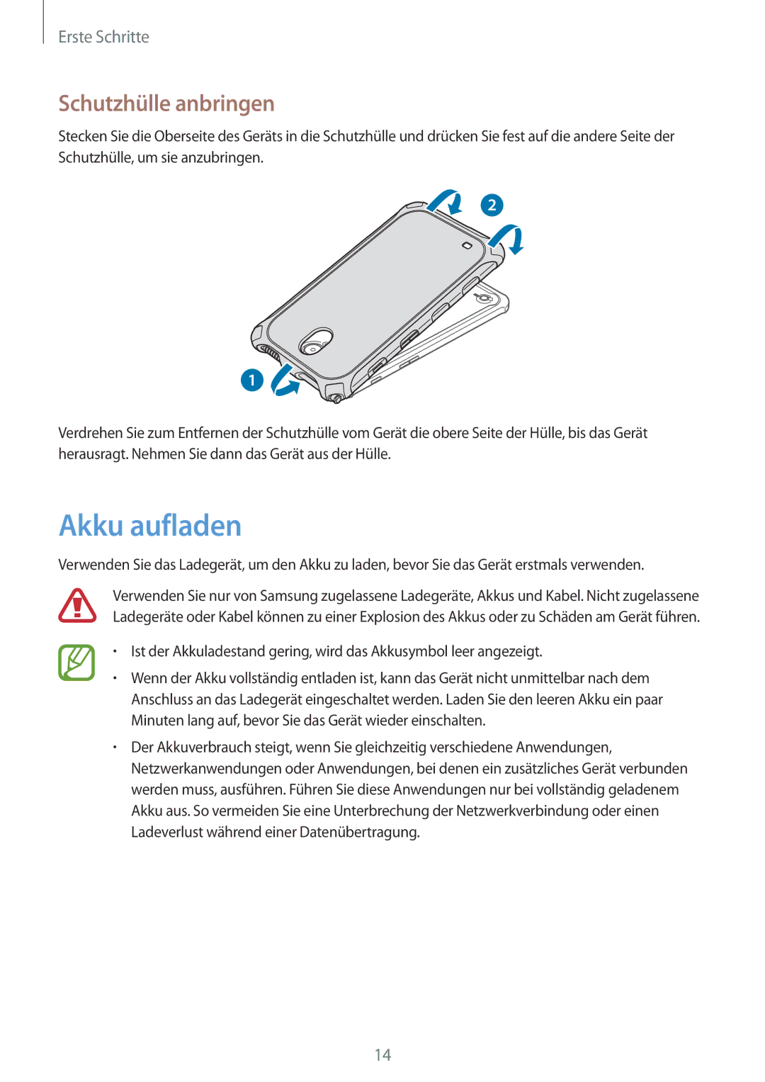 Samsung SM-T365NNGADBT, SM-T365NNGAATO, SM-T365NNGATUR, SM-T365NNGASEB, SM-T365NNGABTU Akku aufladen, Schutzhülle anbringen 