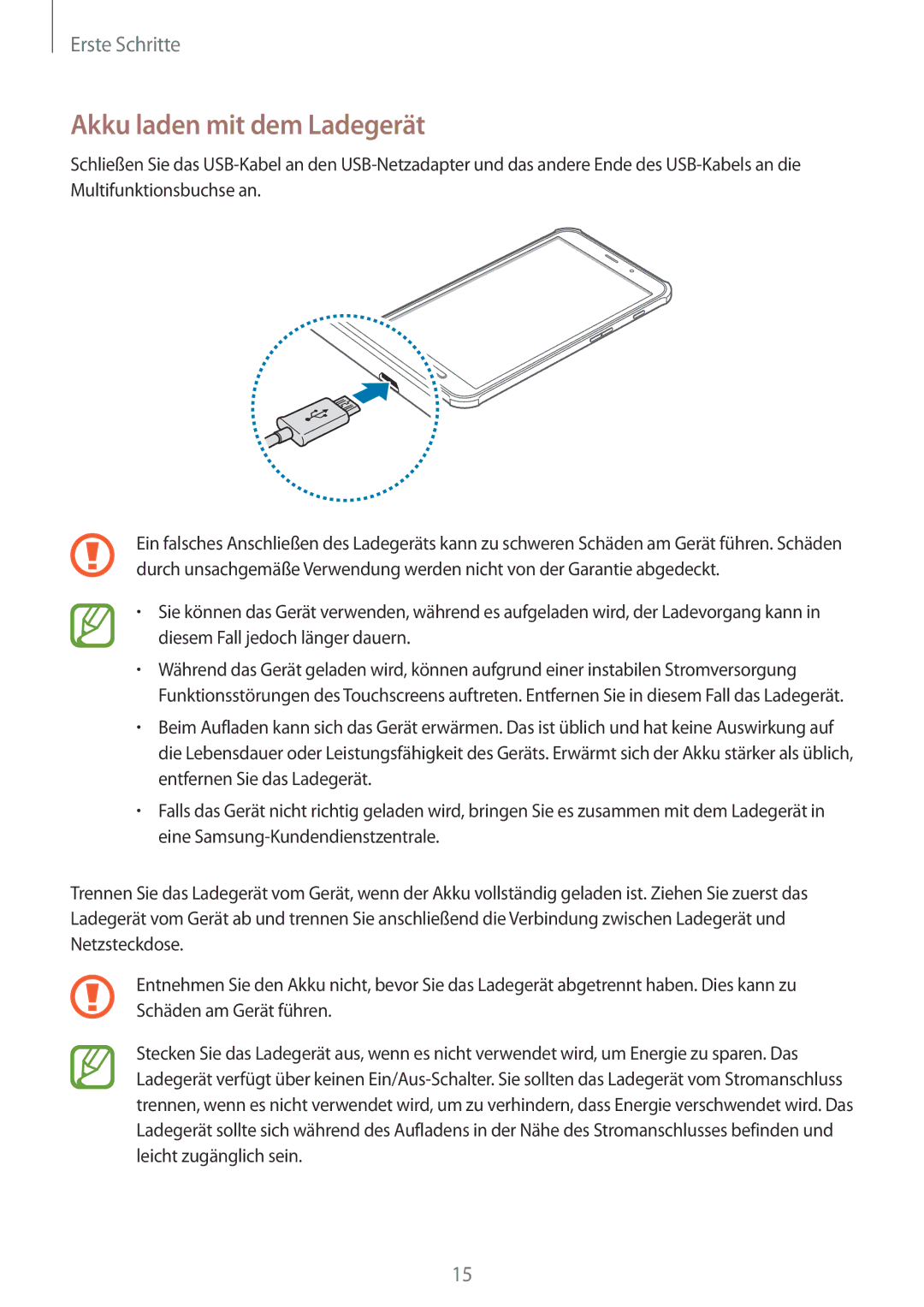 Samsung SM-T365NNGASEB, SM-T365NNGAATO, SM-T365NNGATUR, SM-T365NNGADBT, SM-T365NNGABTU manual Akku laden mit dem Ladegerät 