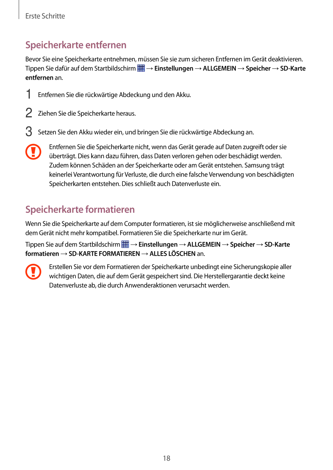 Samsung SM-T365NNGAATO, SM-T365NNGATUR, SM-T365NNGADBT, SM-T365NNGASEB Speicherkarte entfernen, Speicherkarte formatieren 