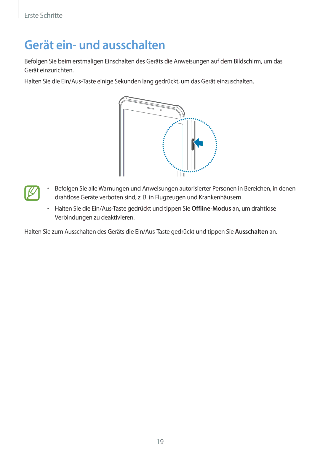 Samsung SM-T365NNGATUR, SM-T365NNGAATO, SM-T365NNGADBT, SM-T365NNGASEB, SM-T365NNGABTU manual Gerät ein- und ausschalten 