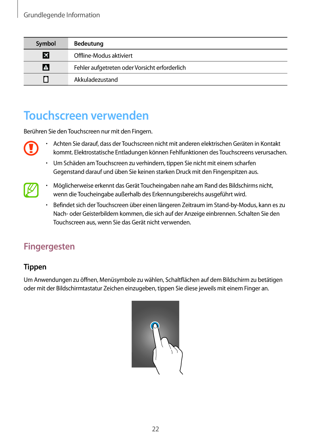 Samsung SM-T365NNGABTU, SM-T365NNGAATO, SM-T365NNGATUR, SM-T365NNGADBT manual Touchscreen verwenden, Fingergesten, Tippen 