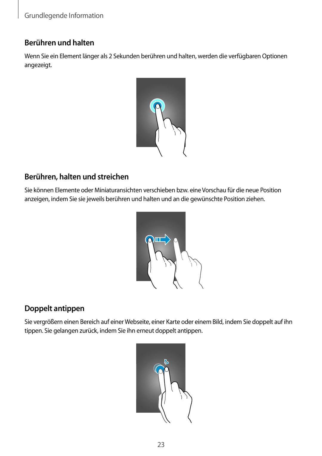 Samsung SM-T365NNGAEUR, SM-T365NNGAATO manual Berühren und halten, Berühren, halten und streichen, Doppelt antippen 