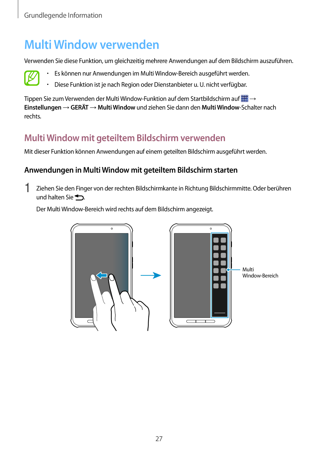 Samsung SM-T365NNGASEB, SM-T365NNGAATO manual Multi Window verwenden, Multi Window mit geteiltem Bildschirm verwenden 