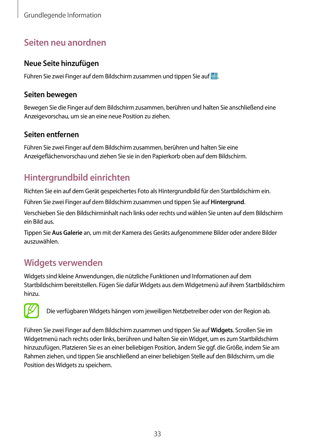 Samsung SM-T365NNGASEB, SM-T365NNGAATO, SM-T365NNGATUR Seiten neu anordnen, Hintergrundbild einrichten, Widgets verwenden 