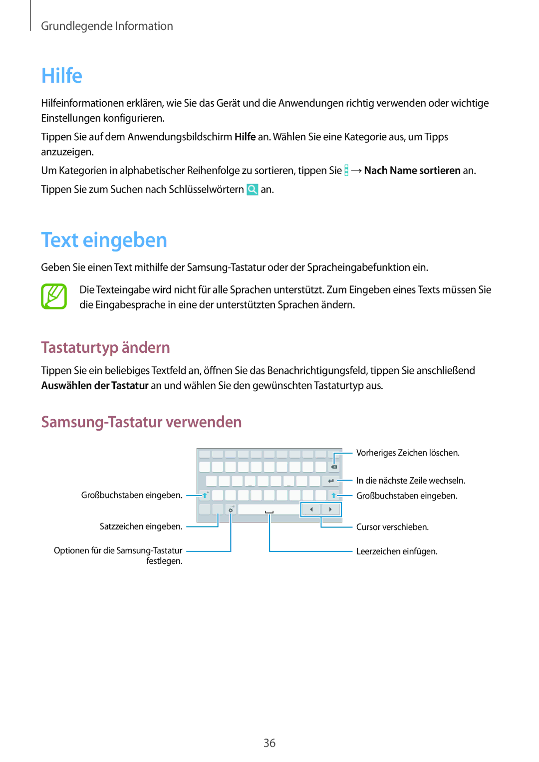 Samsung SM-T365NNGAATO, SM-T365NNGATUR, SM-T365NNGADBT, SM-T365NNGASEB manual Hilfe, Text eingeben, Tastaturtyp ändern 