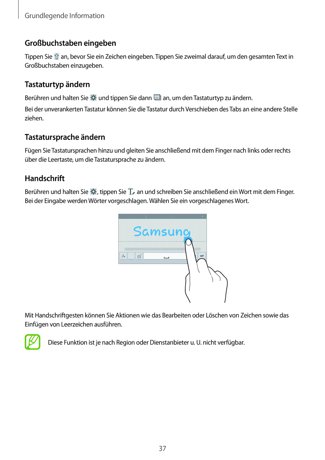 Samsung SM-T365NNGATUR, SM-T365NNGAATO Großbuchstaben eingeben, Tastaturtyp ändern, Tastatursprache ändern, Handschrift 