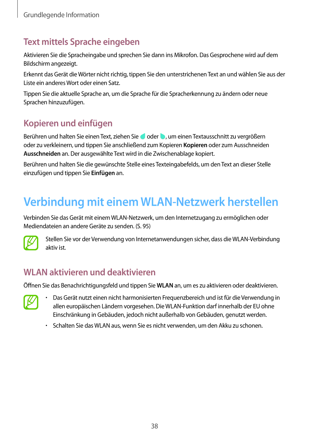 Samsung SM-T365NNGADBT manual Text mittels Sprache eingeben, Kopieren und einfügen, Wlan aktivieren und deaktivieren 