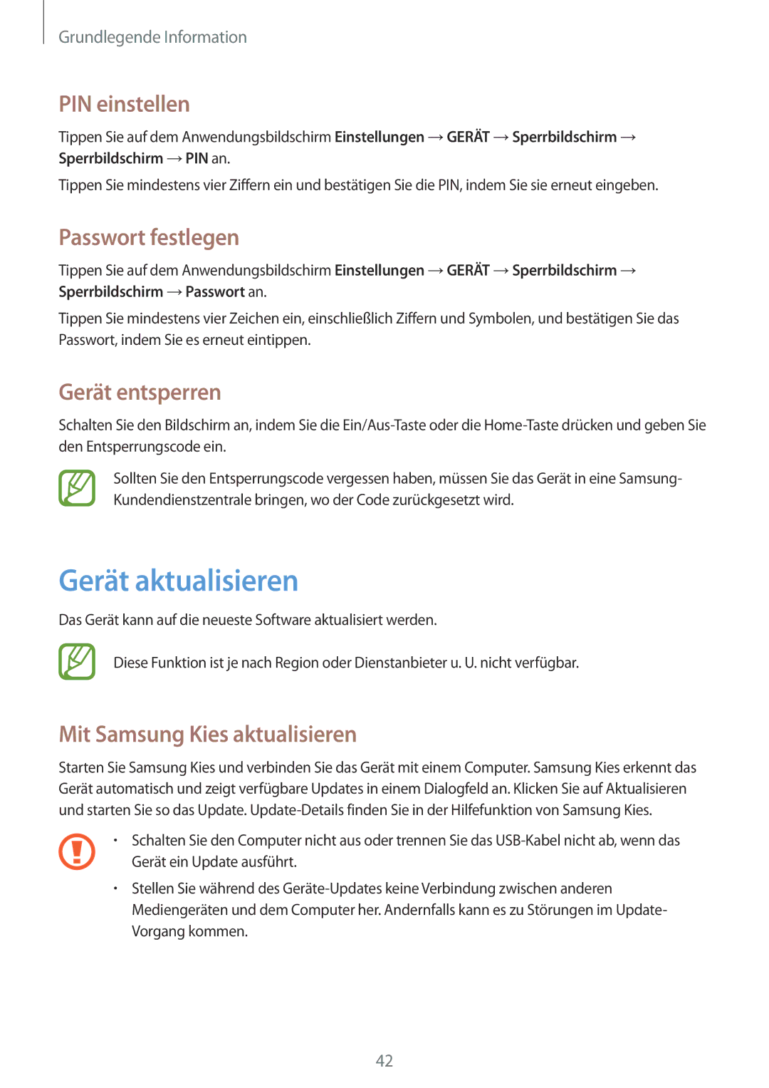 Samsung SM-T365NNGAATO, SM-T365NNGATUR manual Gerät aktualisieren, PIN einstellen, Passwort festlegen, Gerät entsperren 